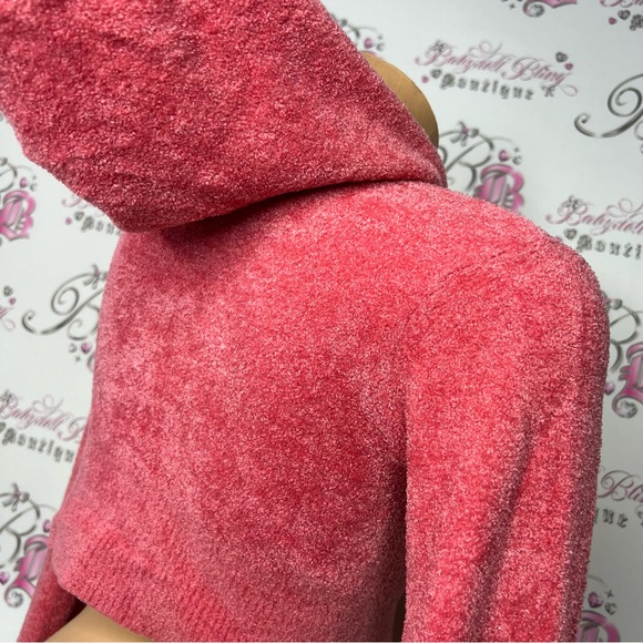 Bebe furry sweater fuzzy cropped pink coral bling rhinestone logo zip up y2k - Picture 8 of 16